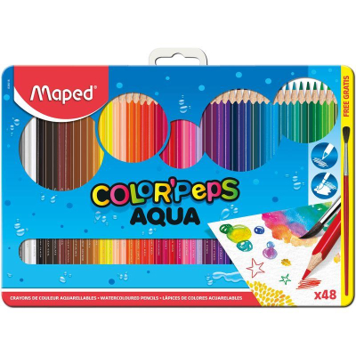 Карандаши акварельные  48цв Maped Color'Peps 'Aqua' +кисть трехгранные в металлической коробке