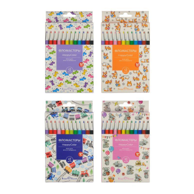 Фломастеры  12цв BrunoVisconti® 'HappyColor' в картонной коробке 4 дизайна