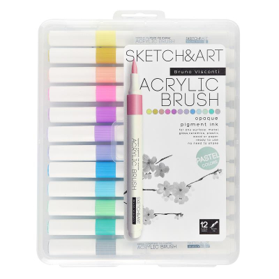 Маркеры-кисти акриловые BrunoVisconti® Sketch&Art  12цв 1-3мм 'Пастельные цвета' в пластиковом пен