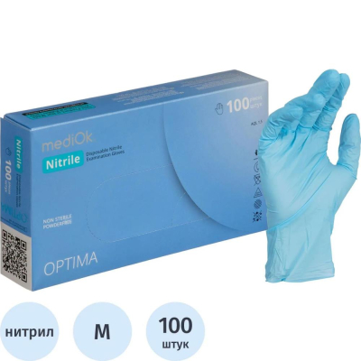 Перчатки одноразовые нитриловые MediOk 'Nitrile Optima' размер&nbsp;&nbsp;7-8(M) голубые 100шт/50пар