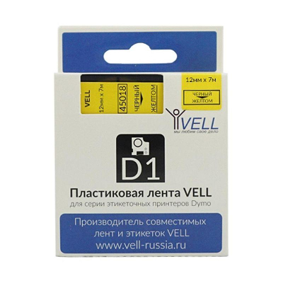 Картридж ленточный Vell для Dymo® D1  12мм х7м пластик черный шрифт/желтый фон