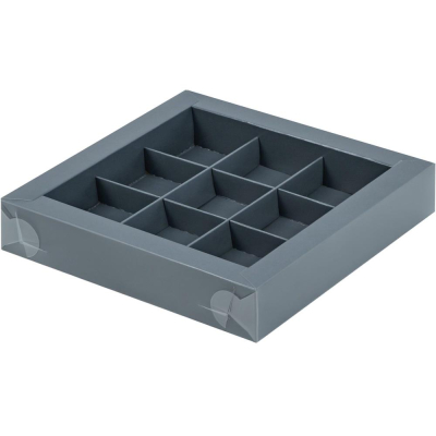 Коробка для конфет на&nbsp;&nbsp;9шт 15.5х15.5х3см графитовая с пластиковой крышкой