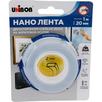 Монтажная лента 2-сторонняя многоразовая 0.020х1.0м UNIBOB® нагрузка до 1.0кг/метр кристально-прозрачная в блистере