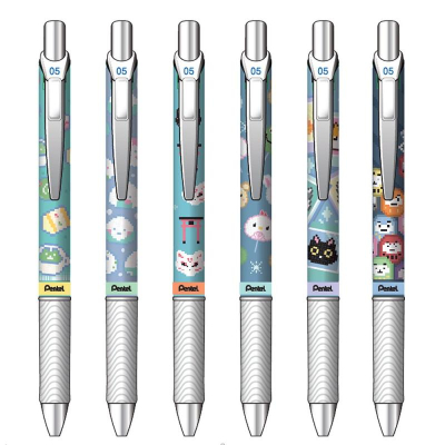 Ручка гелевая автоматическая Pentel 0.5мм 'EnerGel' Kawaii Pixel Art с резиновой манжетой игольчатый стержень 6 дизайнов ассорти