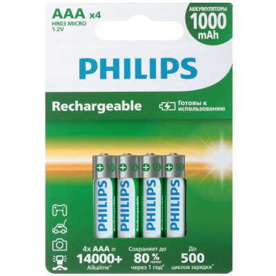 Аккумулятор Philips 1.2V AAA/HR03&nbsp;&nbsp;1000mAh NiMH&nbsp;&nbsp;4шт предзаряженный в блистере