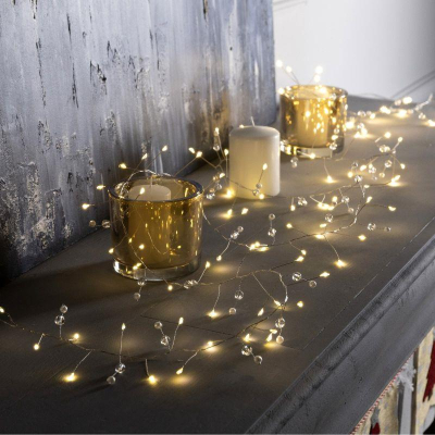 Электрогирлянда  2.0м Мишура Роса Шарики 100 белых LED ламп серебристый провод на батарейках