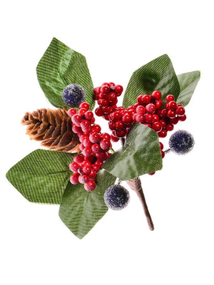 Ветка декоративная 10х10см с красными ягодами и шишкой