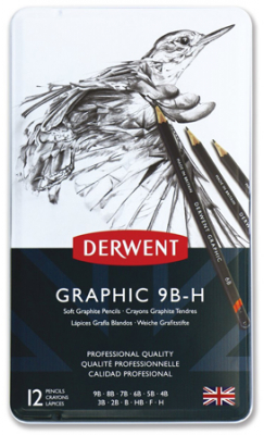 Карандаши чернографитные Derwent Graphic Soft 12шт 9B-H в металлической коробке