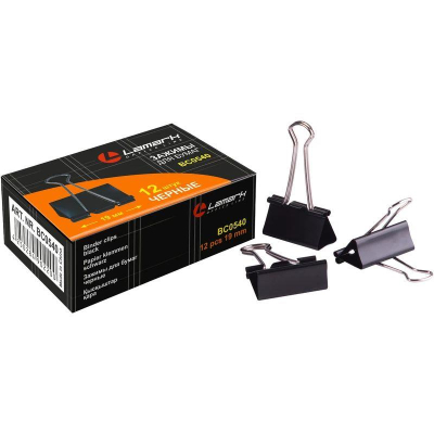 Зажимы для бумаг 19мм 12шт Lamark черные в картонной коробке