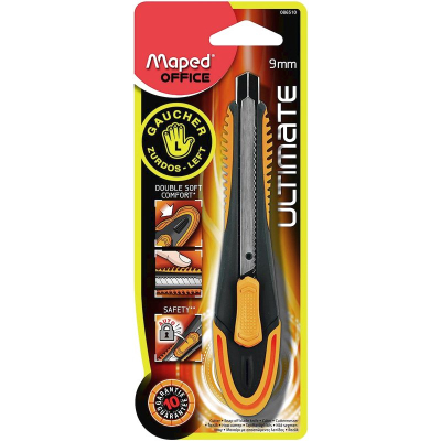 Нож макетный для левшей&nbsp;&nbsp;9мм Maped Ultimate пластиковый корпус металлические направляющие лезвия в блистере