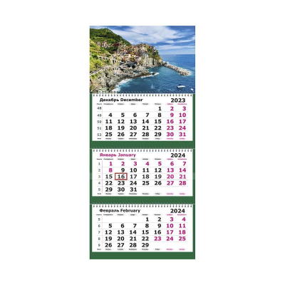 Календарь настенный 2024 квартальный 3-блочный 19х55см Мини 'Средиземноморье' на гребне
