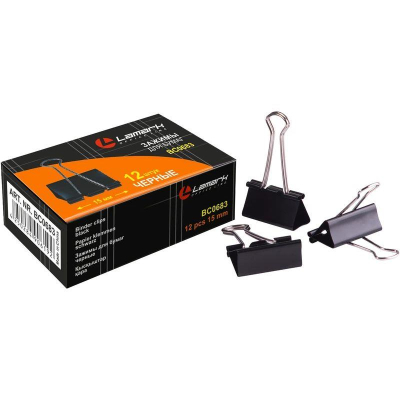 Зажимы для бумаг 15мм 12шт Lamark черные в картонной коробке