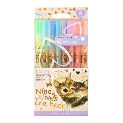 Ручки гелевые BrunoVisconti®  8цв 0.8мм 'UniWrite' Pastels 'Котики. Счастье' в пластиковой коробке