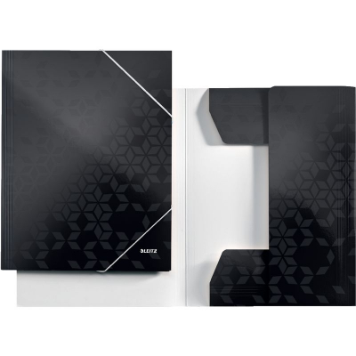 Папка с 2-я резиновыми застежками картонная A4 до 250л с 3 клапанами Leitz глянцевая WOW черная