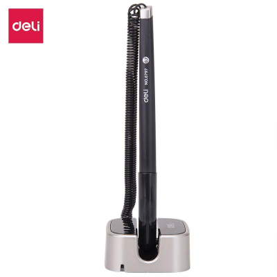 Ручка гелевая на подставке Deli 0.7мм 'E6797' с пластиковым шнуром серебристая подставка черная