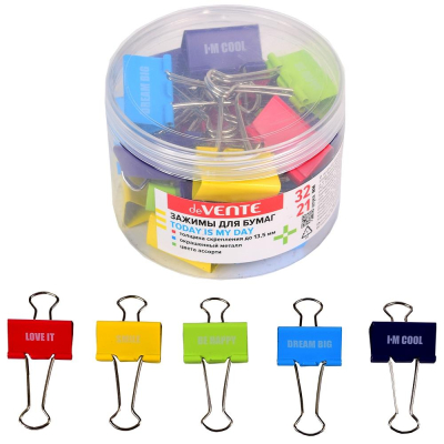 Зажимы для бумаг 32мм 21шт deVENTE цветные 'Today is my day' 5 дизайнов в пластиковой банке