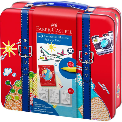 Фломастеры  40цв Faber-Castell 'Connector' 'Travel' + 6 соединителей + паспорт-раскраска в металлическом чемоданчике