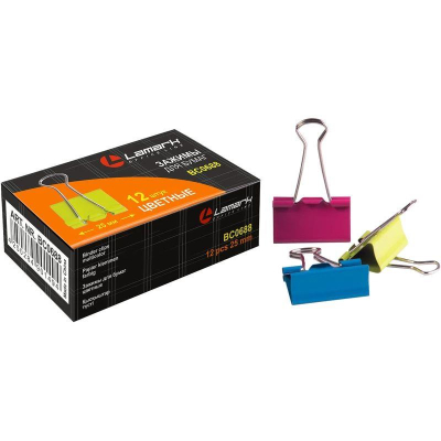 Зажимы для бумаг 25мм 12шт Lamark цветные в картонной коробке