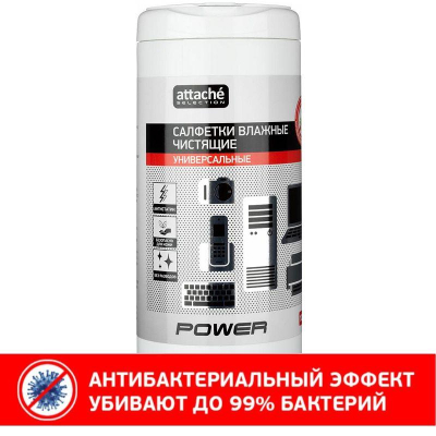 Салфетки для очистки пластиковых поверхностей Attache Selection 'Power' антибактериальные 100шт в тубе