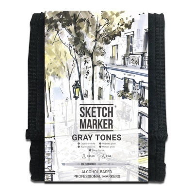 Маркеры художественные спиртовые Sketchmarker 'Gray' 12цв серые оттенки двусторонние + сумка органайзер