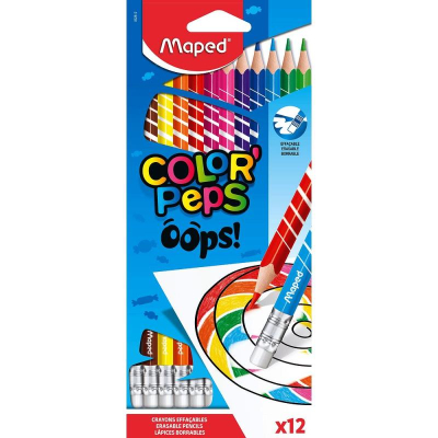 Карандаши  12цв Maped Color'Peps 'Oops' пластиковые трехгранные с ластиками в картонной коробке