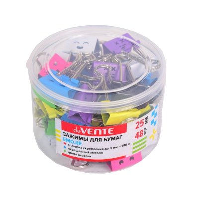 Зажимы для бумаг 25мм 48шт deVENTE цветные 'Emojie' в пластиковой банке