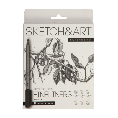 Ручки капиллярные художественные BrunoVisconti® Sketch&Art&nbsp;&nbsp;9шт 0.05-0.8мм + кисть черные в картонной упаковке