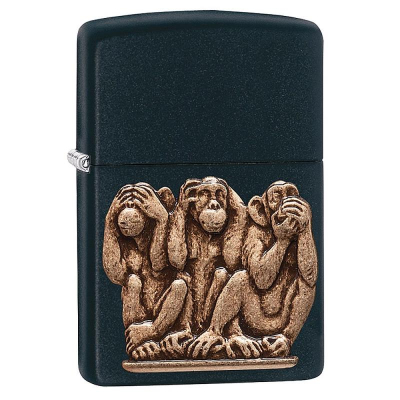 Зажигалка бензиновая Zippo Classic 'Three Monkeys' с покрытием Black Matte черная