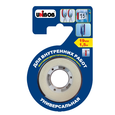 Монтажная лента 2-сторонняя 0.019х1.5м UNIBOB® нагрузка до 9.5кг/метр для внутренних работ белая