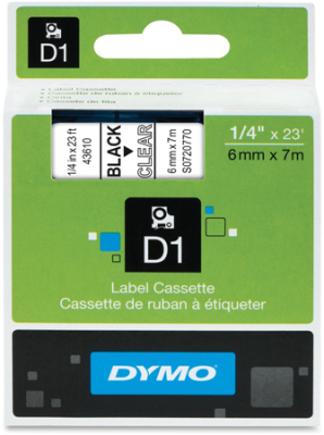 Картридж ленточный Dymo® D1   6мм х7м пластик черный шрифт/прозрачный фон 43610