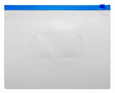 Папка-конверт на молнии A5 Бюрократ с карманом для визитки пластиковая 150мк прозрачная синяя молния