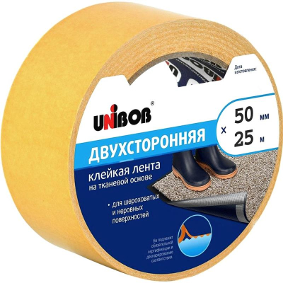 Клейкая лента 2-сторонняя на тканевой основе 0.050х25м/3" UNIBOB®