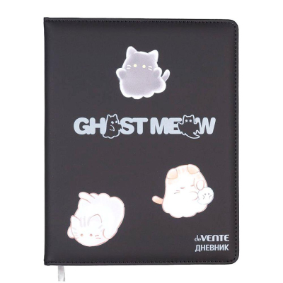 Дневник универсальный deVENTE твердая обложка искусственная кожа с поролоном шелкография 'Ghost Meow' черный