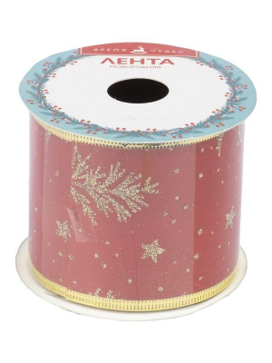 Лента  63мм х2.7м для декорирования красная с золотыми снежинками