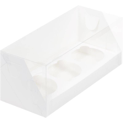 Коробка для капкейков на  3шт 24х10х10см белая с пластиковой крышкой