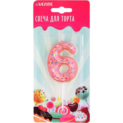 Свеча-цифра для торта deVENTE 'Donut' '6' с 3D декором 6см блистере