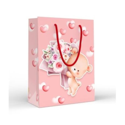 Пакет подарочный 13х18см ламинированный 'Мишка в сердечках с букетом'