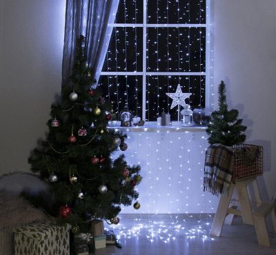 Световой занавес 2х3.0м 720 белых LED огней прозрачный провод 8 режимов мигания