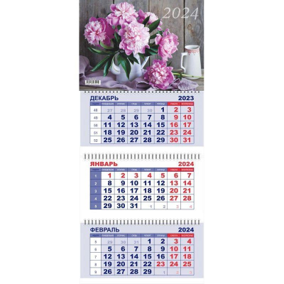 Календарь настенный 2024 квартальный 3-блочный 29х65см Lamark 'Пионы' на гребне