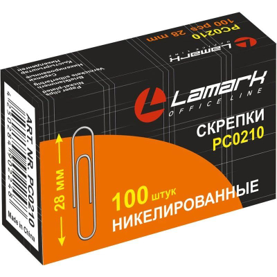 Скрепки 28мм  100шт Lamark никелированные в картонной коробке