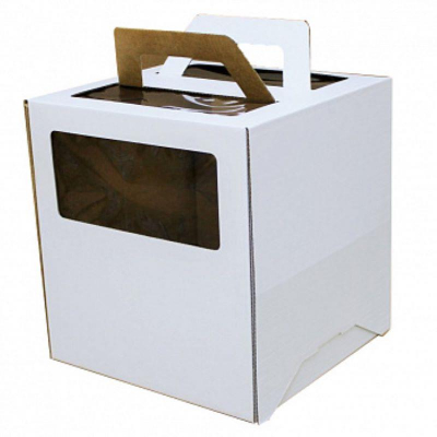Коробка для торта 28х28х30см с окнами белая с ручками