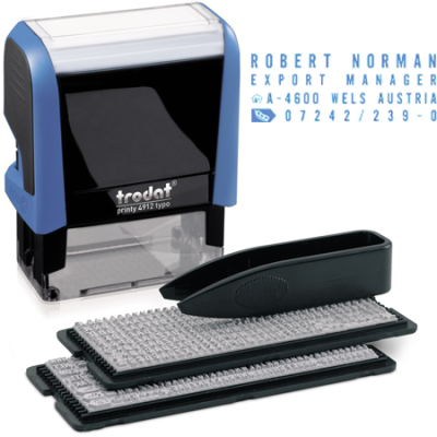 Штамп самонаборный 4 строки 47х18мм Trodat Printy 4912P4 Typo синий корпус 19-24 знака в строке латынь