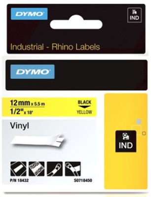Картридж ленточный Dymo® Rhino 12мм х5.5м виниловый черный шрифт/желтый фон