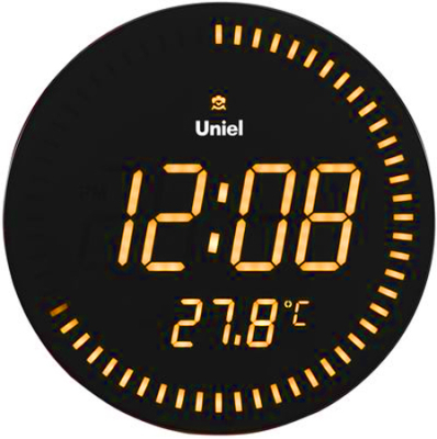 Часы настенные Uniel LED желтые d-28х3см будильник термометр пульт ДУ 220V резервное питание 4хААА