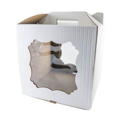 Коробка для торта 30х30х30см с окнами белая с ручками