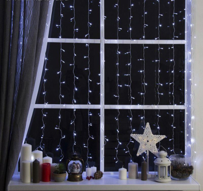 Световой занавес 2х1.5м 360 белых LED огней прозрачный провод 8 режимов мигания
