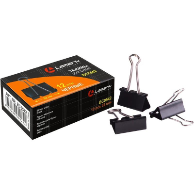 Зажимы для бумаг 32мм 12шт Lamark черные в картонной коробке