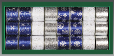 Лента  65мм х5м для декорирования темно-синяя с серебряными снежинками и звездочками