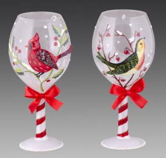 Бокал для вина Лесные птички с красным бантом стеклянный 2 дизайна 6х6х14см