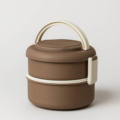 Контейнер для еды 'Round box' 2 яруса 1400мл коричневый